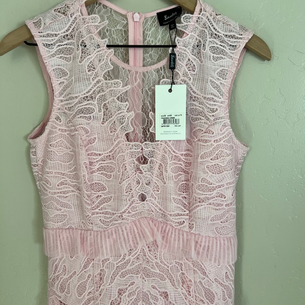 Bardot Francesca Pink Lady Lace Ruffle Pleated Dress Size 6 Party Cocktail - Picture 4 of 9